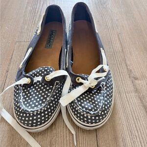 Sperry Navy Polka Dot Boat Shoes with White Laces